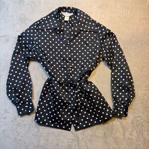Classic Timeless Secretary pinup Vintage 70s Polka Dot Blouse Black White‎ Sz 18